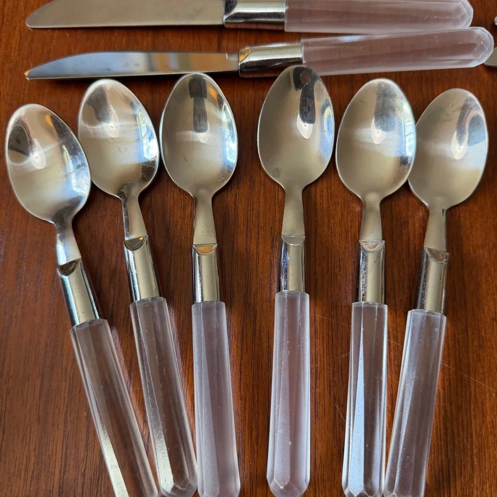 Vintage 18/10 Stainless Flatware Set 37pc Frosted Acrylic Faceted Handle MCM